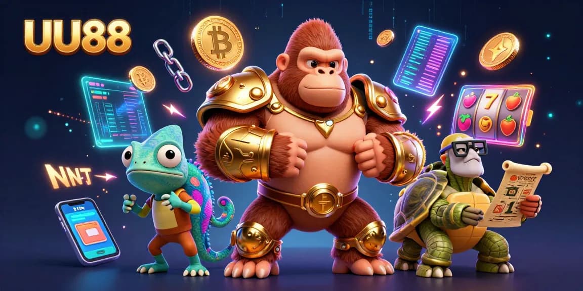 Engage with UU88's vibrant casino scene featuring a powerful gorilla king, chameleon companion, and ancient tortoise.
