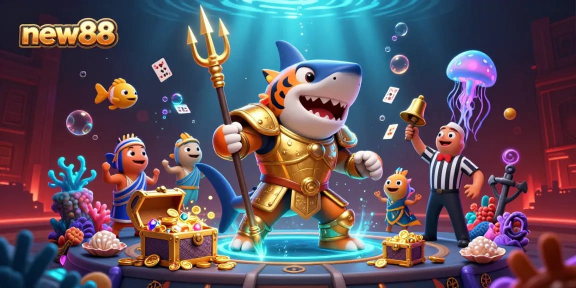 Play exciting new88 games with a fierce shark gladiator ensuring a fun underwater casino experience.
