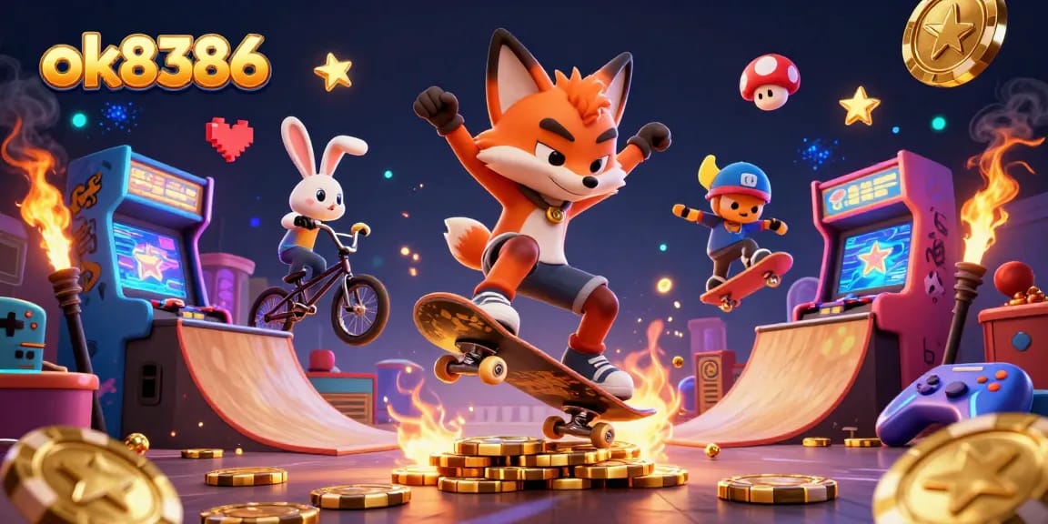 Experience thrilling gameplay at ok8386 with a vibrant 3D casino scene featuring colorful characters and gaming elements.