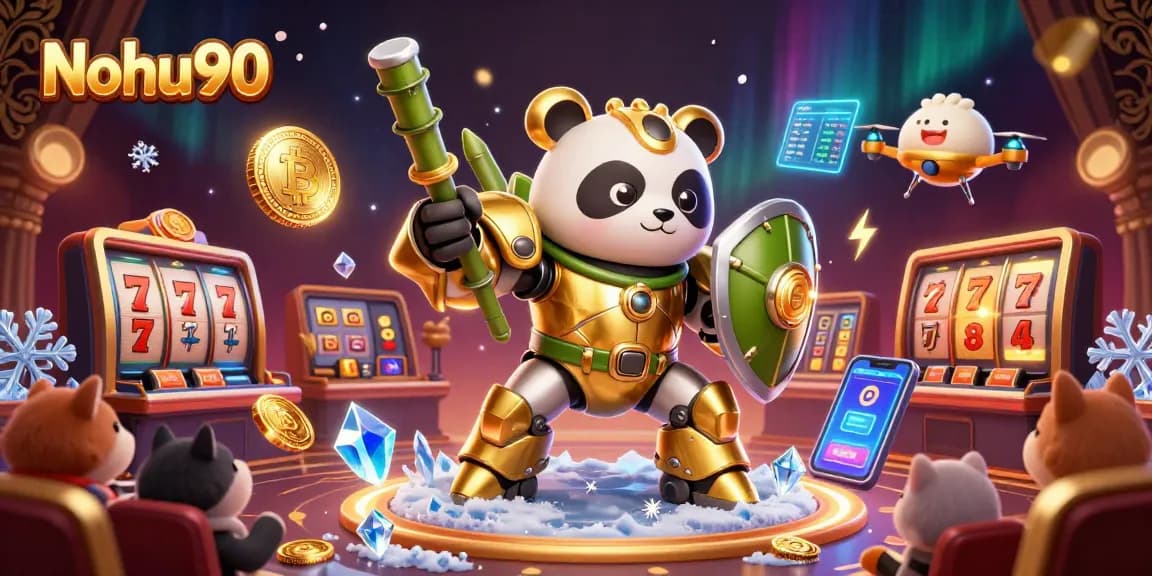 Nohu90 presents an exciting casino battle with a mech-suit panda, jackpot reels, and vibrant crypto coins.