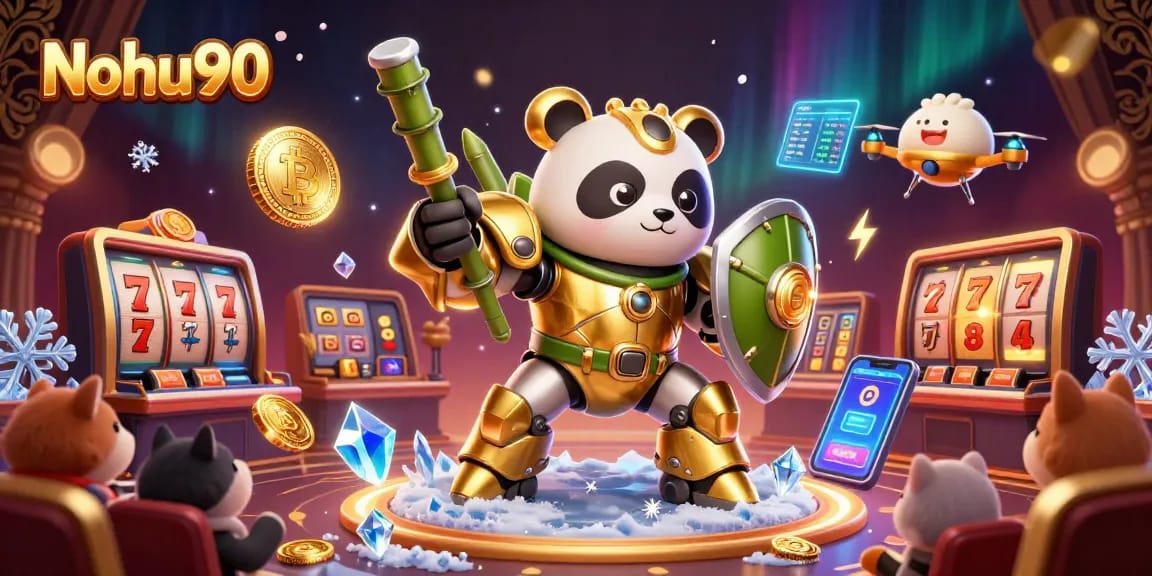Nohu90 presents an exciting casino battle with a mech-suit panda, jackpot reels, and vibrant crypto coins.