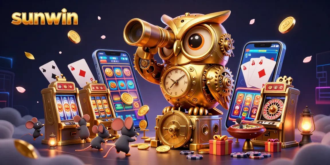 Immerse in the sunwin casino experience, featuring vibrant slots, golden owl, and lively gaming elements.