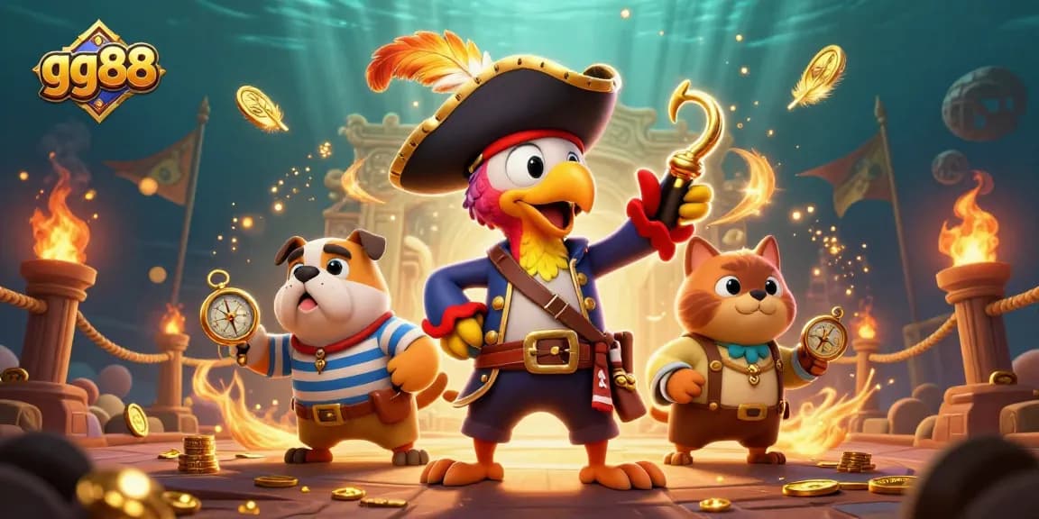 Experience thrilling dynamics at gg88 with pirates and treasure in a rich casino-themed illustration.