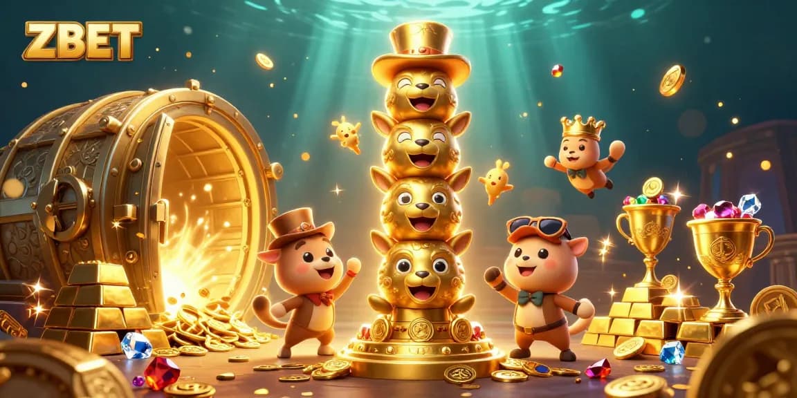 ZBET gaming experience showcased with a 3D animated totem and treasure elements for bettors.