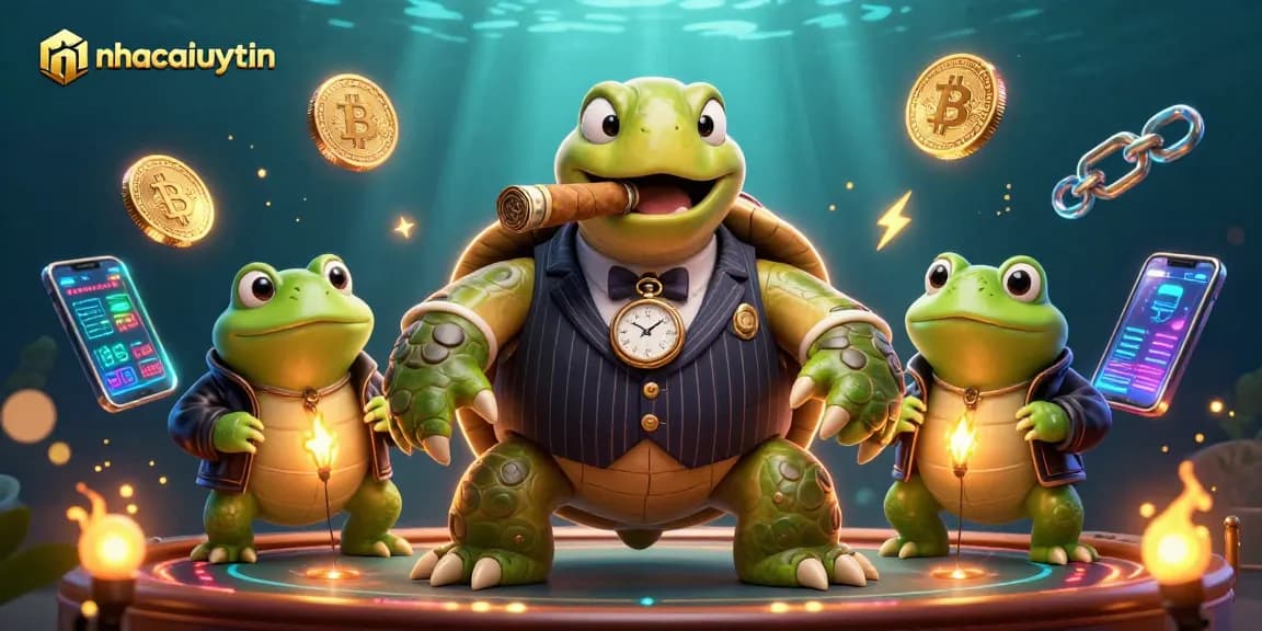Engage with nhacaiuytin's dynamic casino scene featuring a cartoon turtle in a suit and crypto elements.