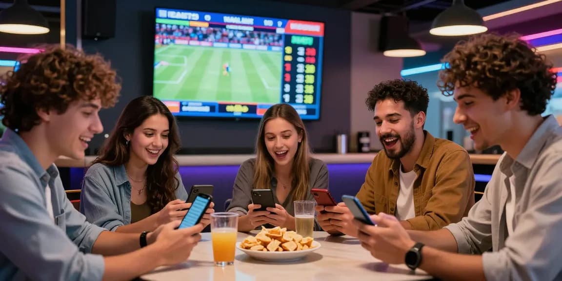 BOLA88 sports betting excitement with diverse friends engaging in live bets and sharing strategies in a modern environment, showcasing community and energy.
