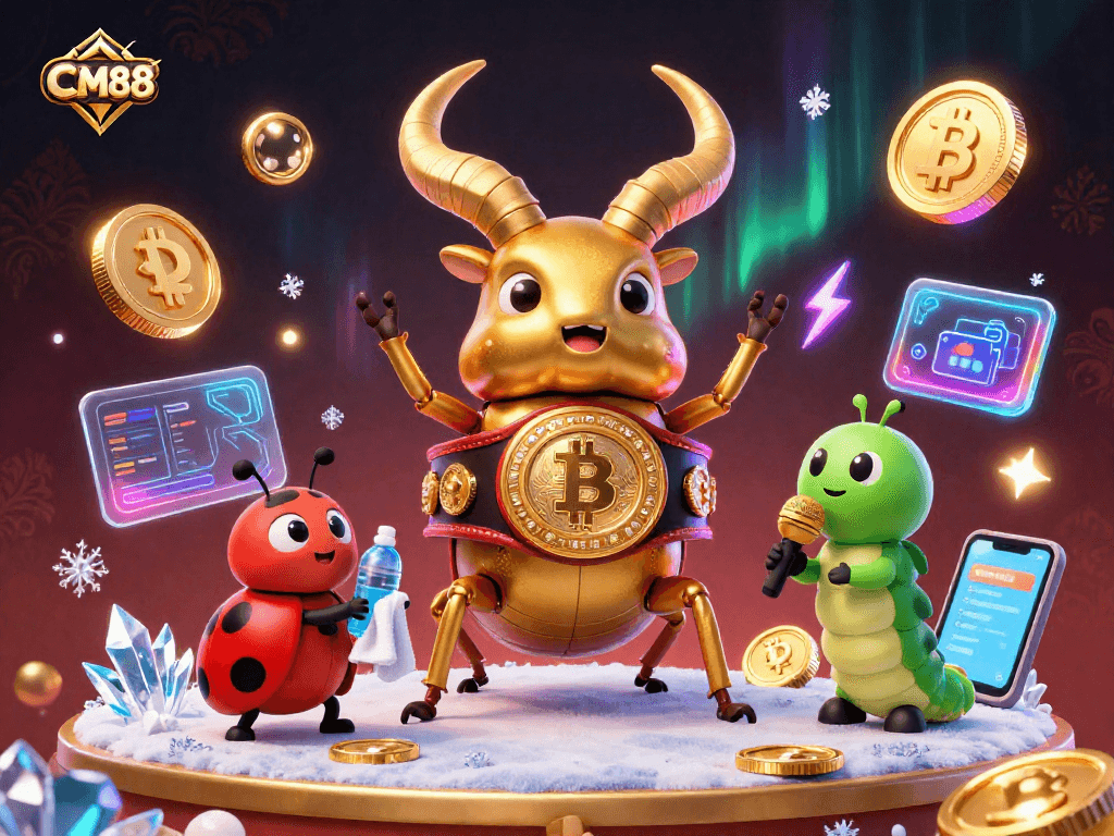 Win big with CM88 at this vibrant casino scene, featuring unique characters and crypto elements.