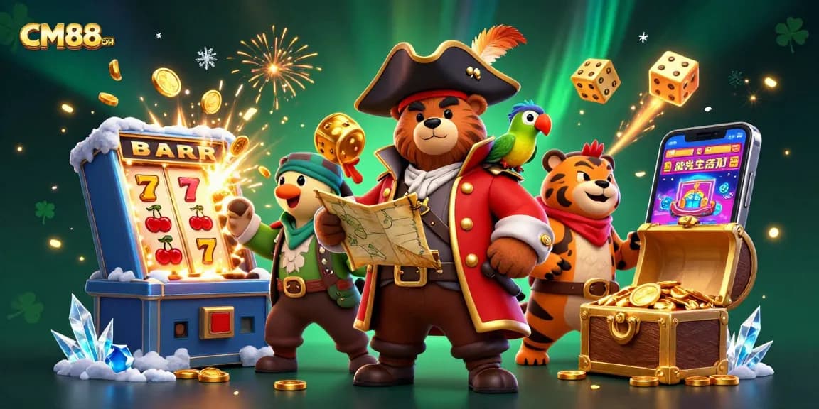 Experience thrilling wins at CM88COM with a pirate bear, tiger, and treasure exploding with casino excitement.