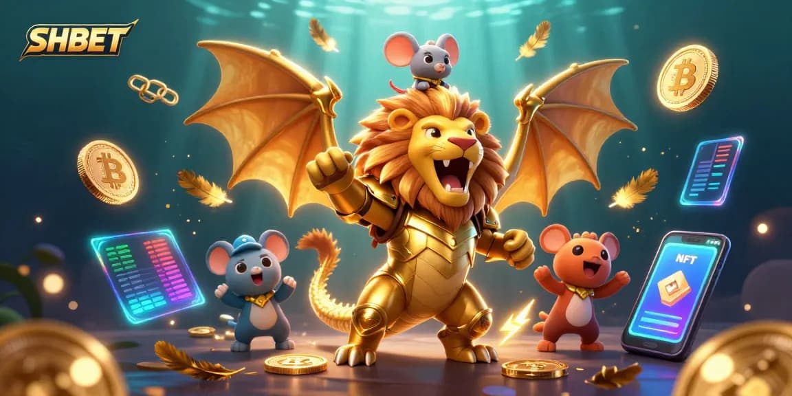 SHBET showcases a triumphant chimera in golden armor amidst floating cryptocurrency elements, evoking excitement.