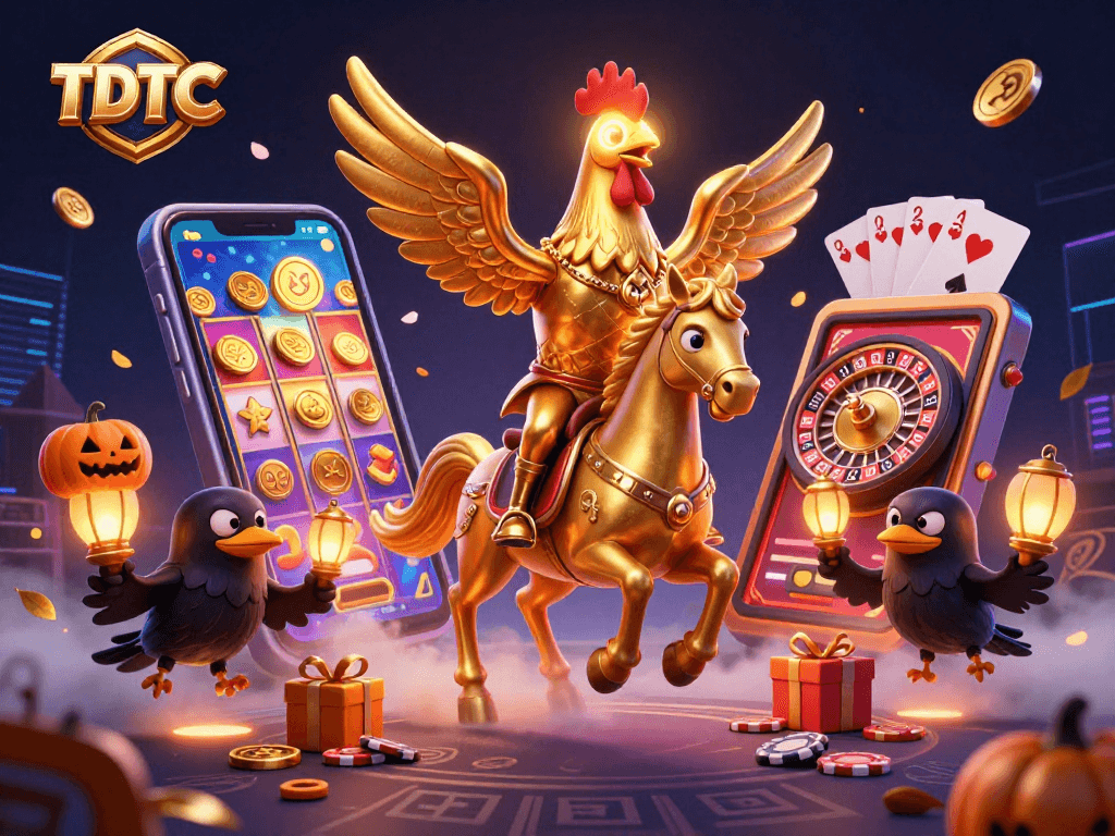 TDTC showcases a golden rooster and companions in a vibrant casino scene, engaging players with slot games.