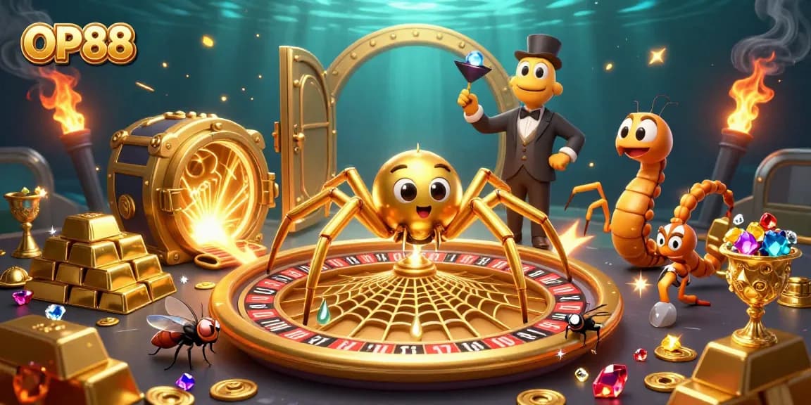 OP88 showcases a thrilling roulette scene with a golden spider and croupier, capturing vibrant casino excitement.