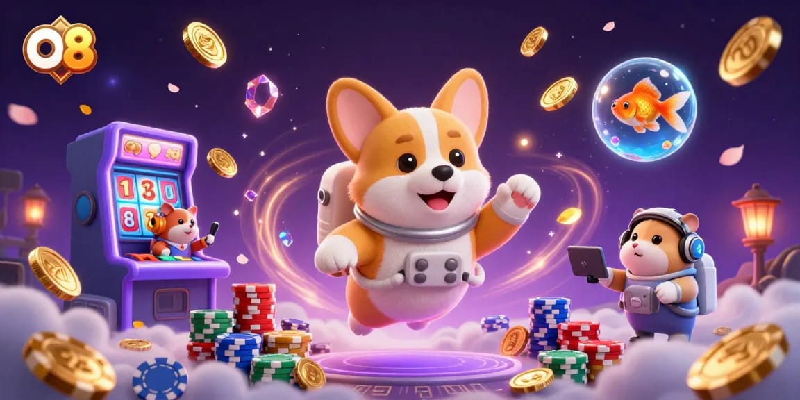 Experience the thrilling O8 casino adventure with a corgi astronaut in a space station filled with floating poker chips.