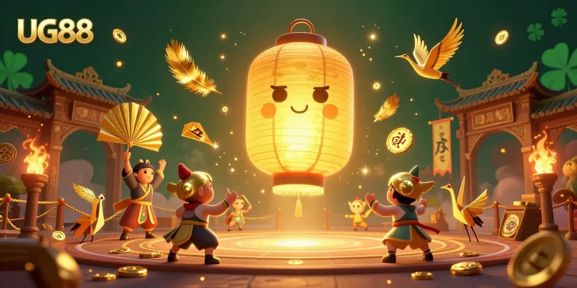Experience the vibrant world of UG88 with a dynamic casino scene featuring golden lantern spirits and gaming elements.