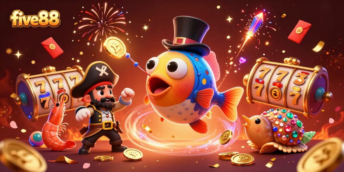 Experience thrilling wins with five88 in this vivid 3D casino illustration featuring dynamic game elements.