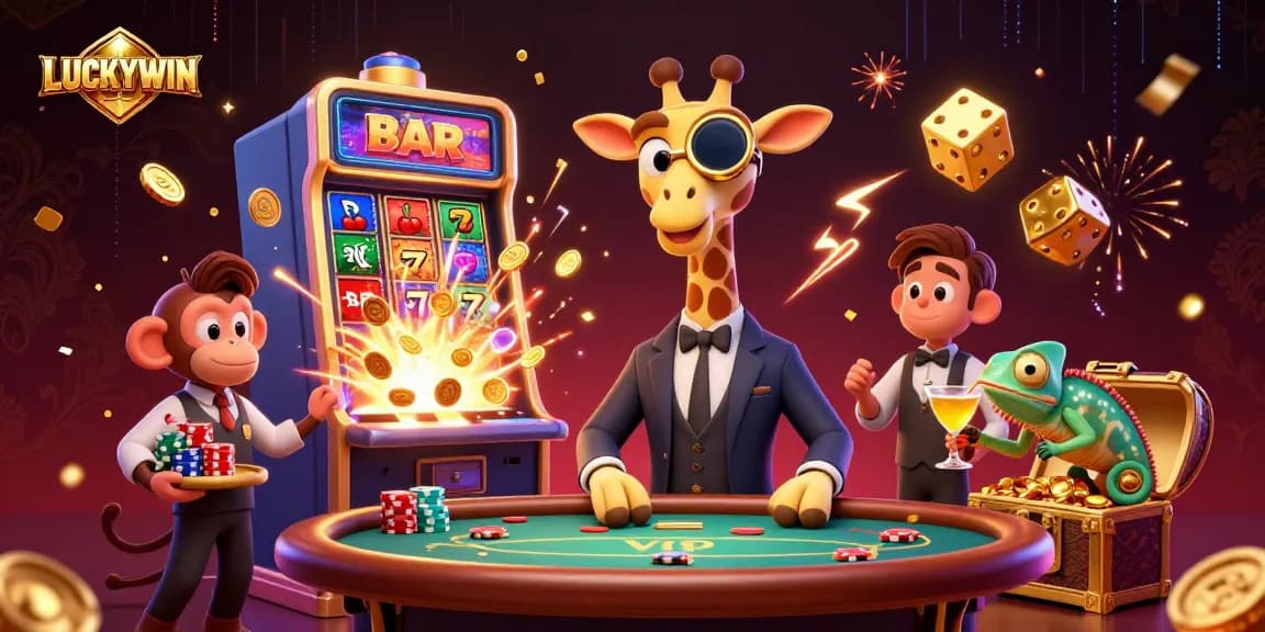 Spin jackpots at LUCKYWIN with a vibrant casino scene featuring exciting characters and games.