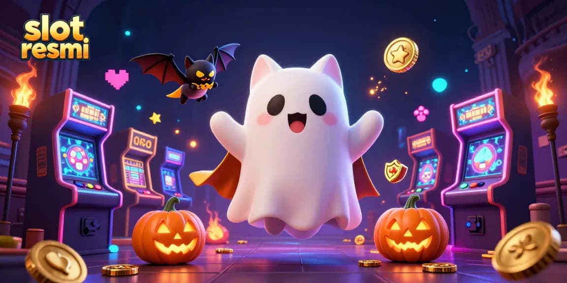 Experience thrilling wins at slot resmi with a friendly ghost cat and vampire bat in a vibrant casino.