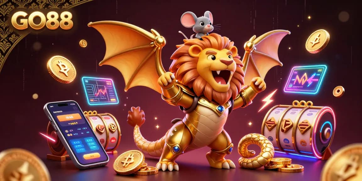 Experience GO88 with a vibrant casino scene featuring golden armor chimera and crypto elements.