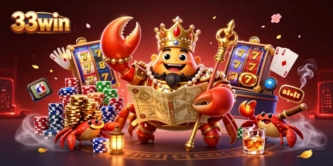 Engage with exciting 33win casino action showcasing a royal crab emperor amidst vibrant slot reels and poker chips.