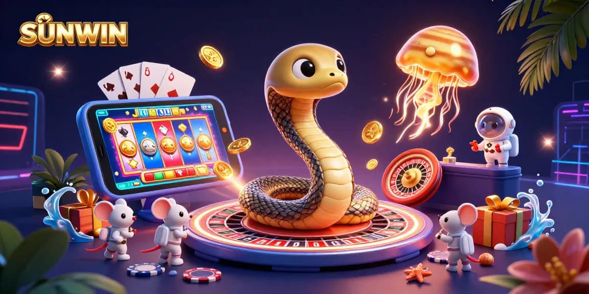 SUNWIN's exciting gaming scene showcases cartoon characters and vibrant casino elements in a cosmic theme.
