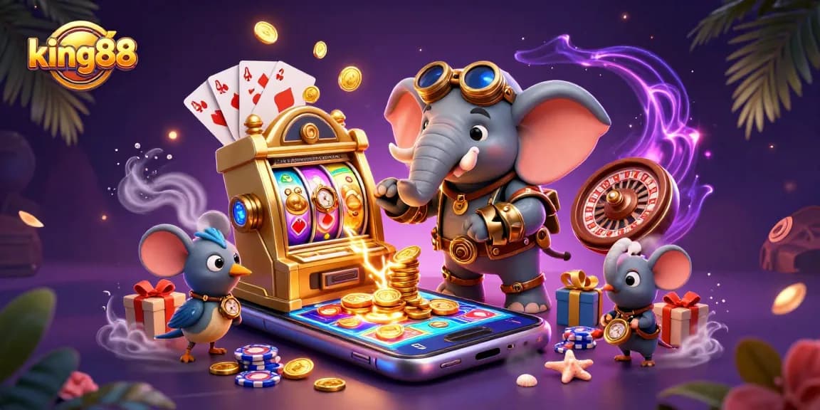 Experience the excitement of king88 with a vibrant steampunk scene featuring magical slot games and dynamic characters.