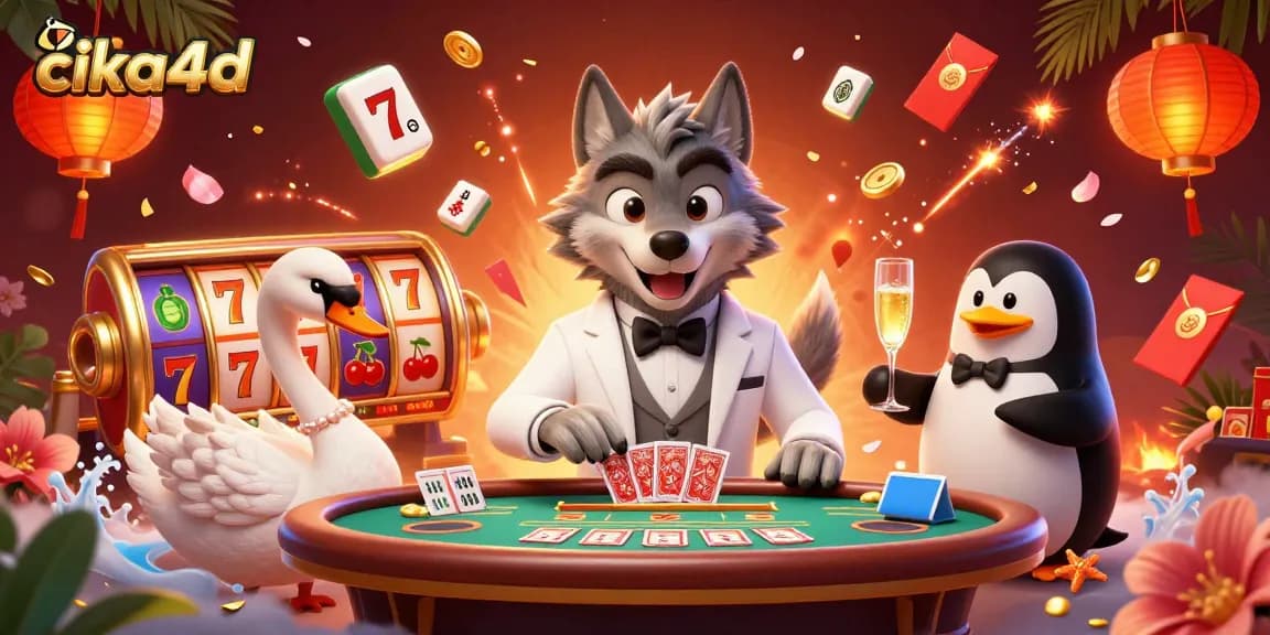 Experience thrilling gameplay with CIKA4D as a debonair wolf enjoys baccarat surrounded by glamorous casino elements.