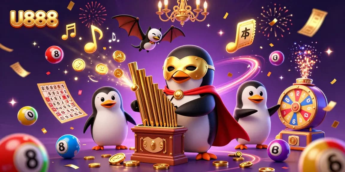 U888 online casino vibrant scene showcasing thrilling gaming elements with a majestic penguin and bat, rich in energy.