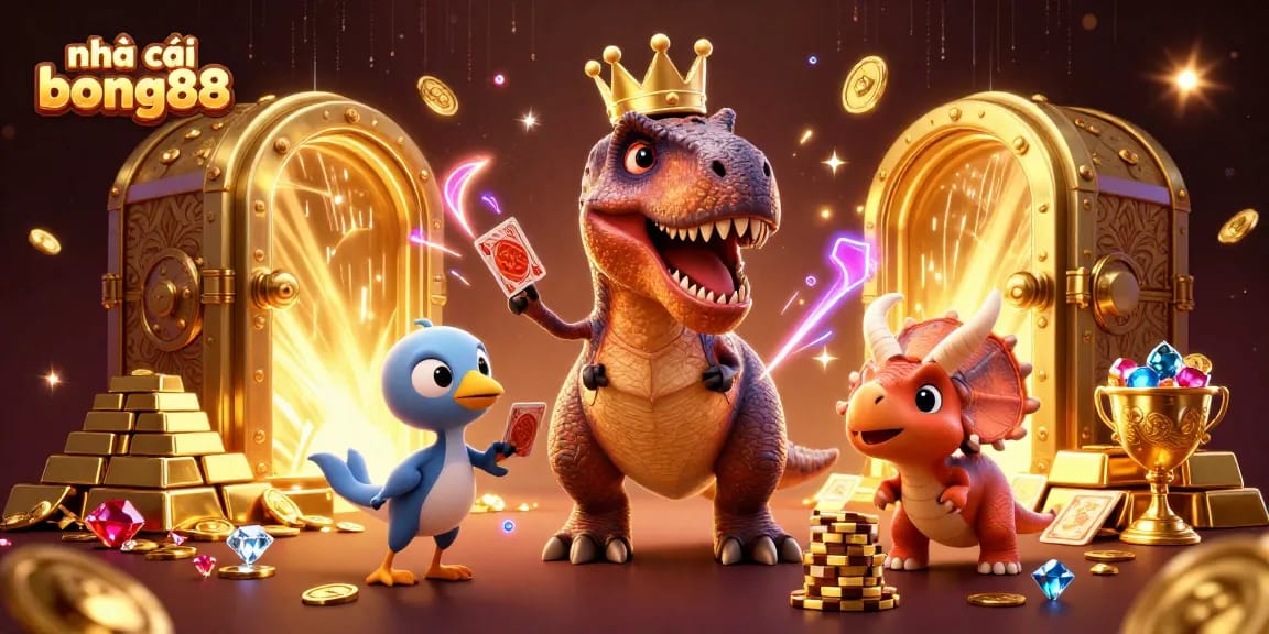 The friendly T-Rex and pterodactyl support players at nhà cái bong88, shuffling cards with vibrant casino elements.