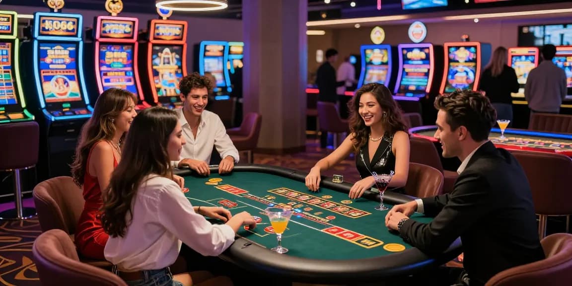 Exciting KO66 casino scene with friends enjoying games and vibrant atmosphere