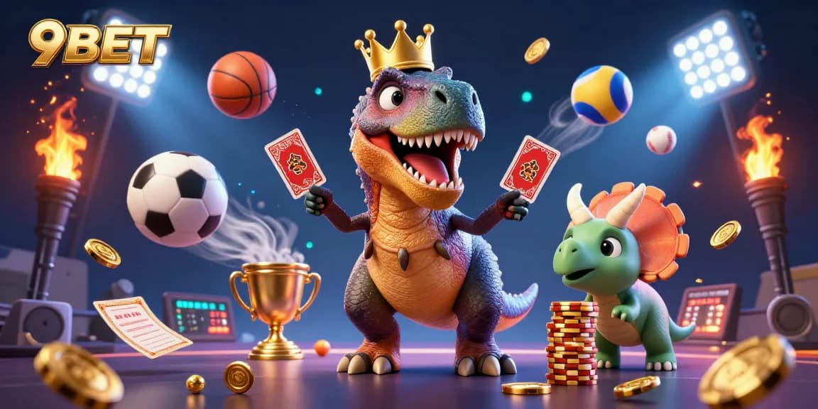 Experience thrilling sports betting with 9BET's vibrant cartoon scene featuring dinosaurs and dynamic game elements.