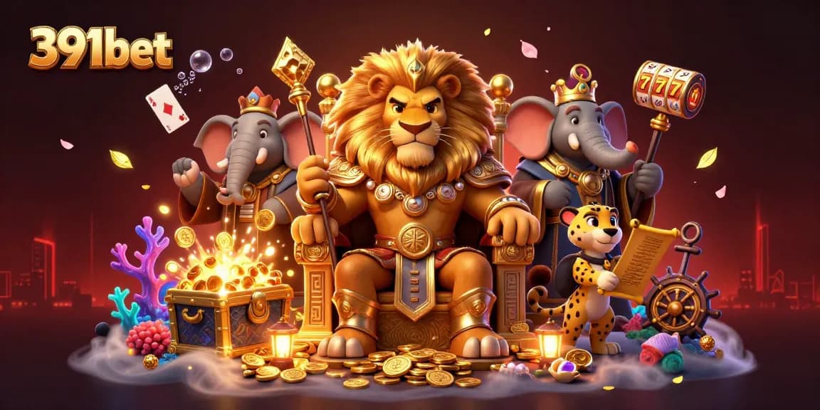 Engage with 391bet's vibrant casino realm featuring a lion king, elephant advisor, and cheetah messenger.