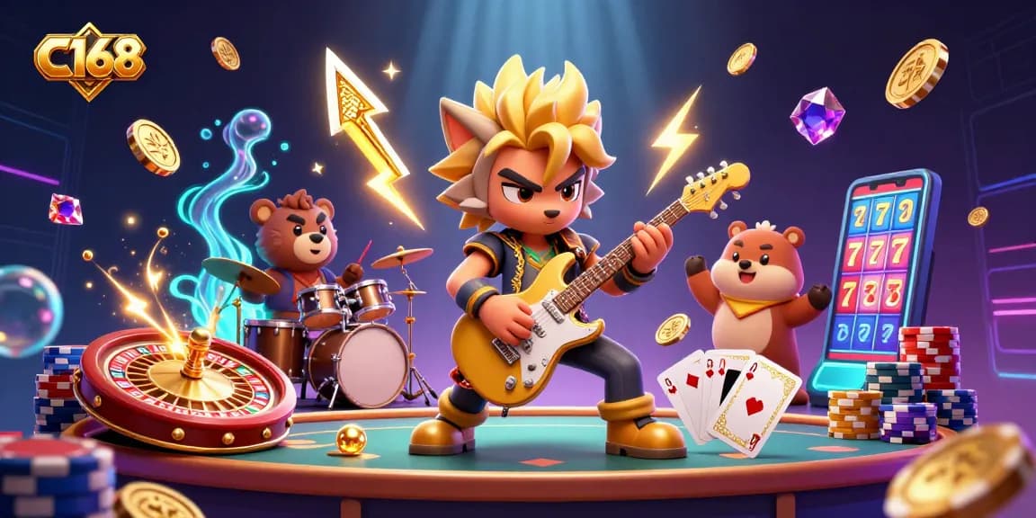 C168 captivates with a thrilling casino scene showcasing a rock star wolf and drummer bear surrounded by cascading coins and a spinning roulette wheel.