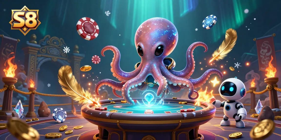 S8 table poker gaming scene with an alien octopus, enhancing player experience with excitement.