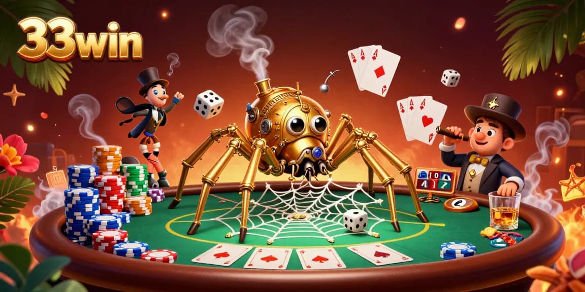 33win offers a vibrant casino scene featuring a golden spider and poker elements capturing dice.