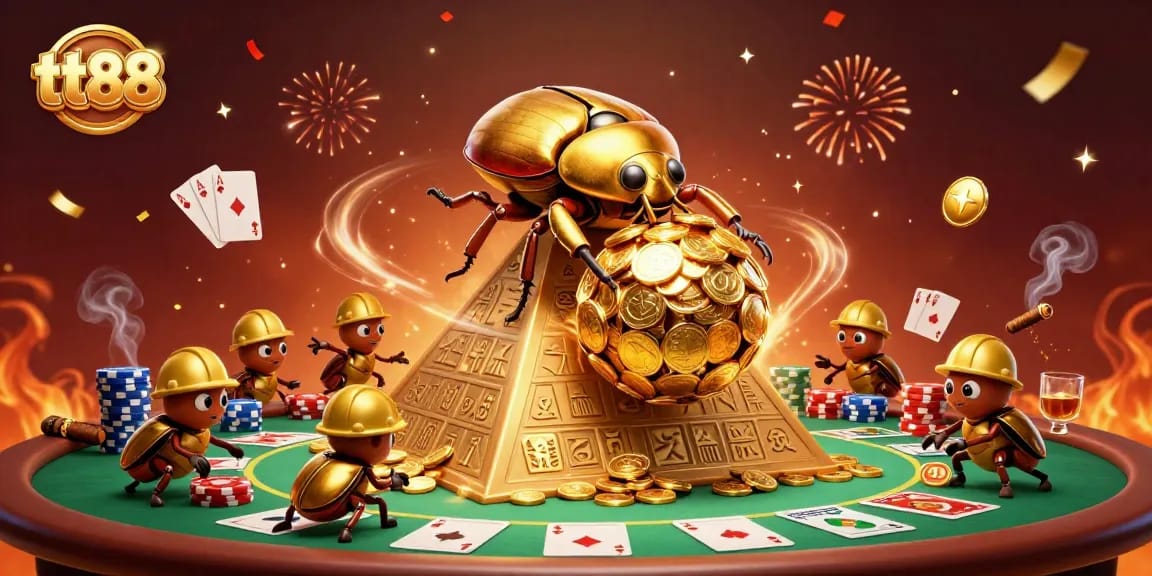 Roll the coins with tt88 strategy as a team of beetles create a vibrant casino atmosphere.