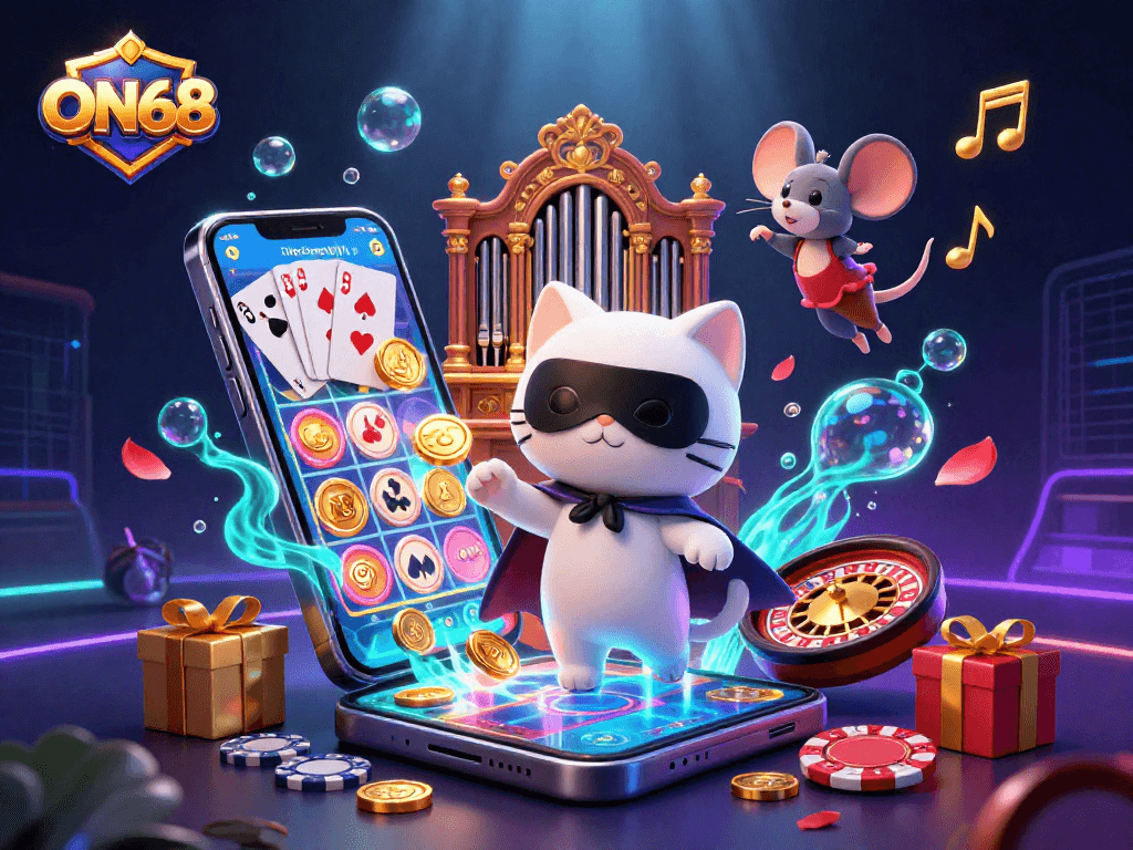 Experience thrilling gaming at ON68 with a phantom cat and mouse acrobat in a vibrant casino scene.