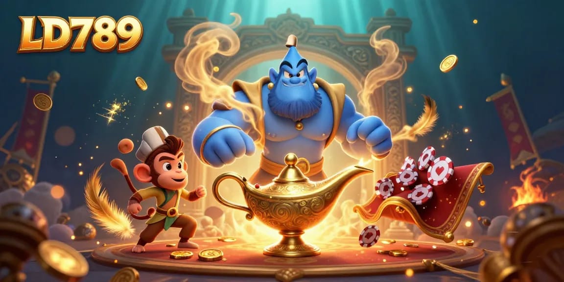 Engage in exciting gameplay with LD789, as a blue genie bursts forth surrounded by riches and magical elements.