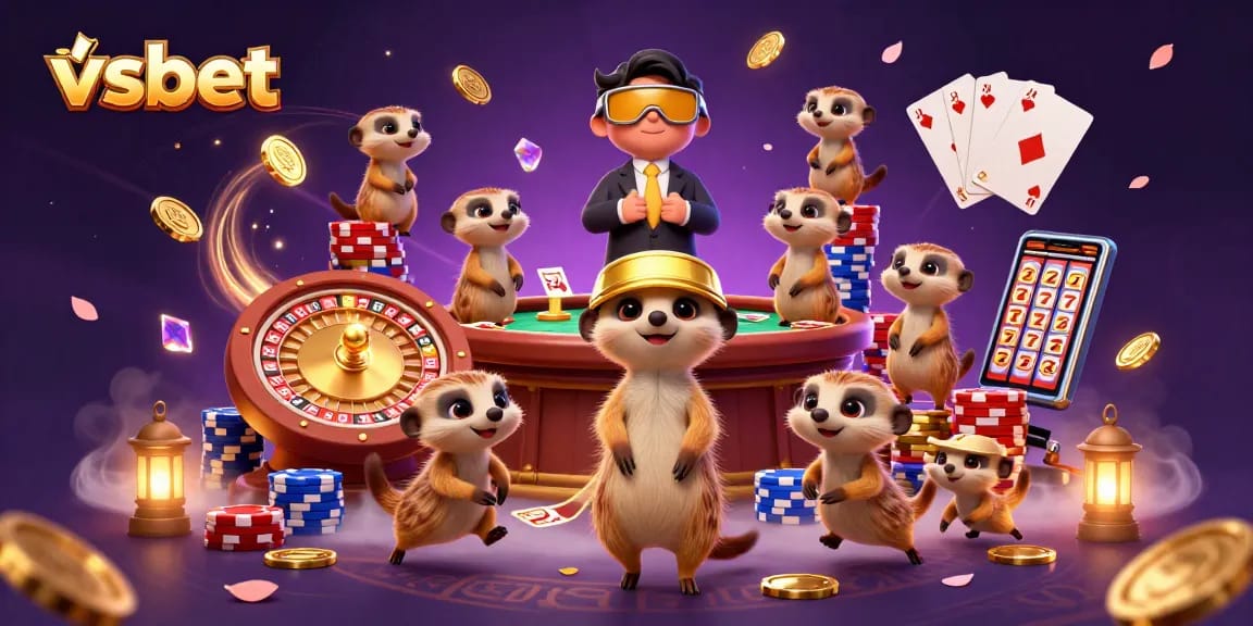 Watch meerkats thrive in a vibrant casino scene with vsbet branding, showcasing excitement and fun.