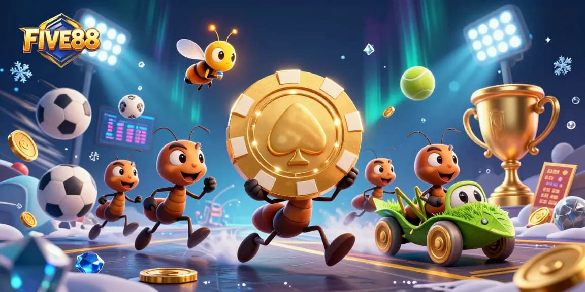 Engage in the adventure with FIVE88 as ants steal a giant poker chip amidst vibrant casino elements.