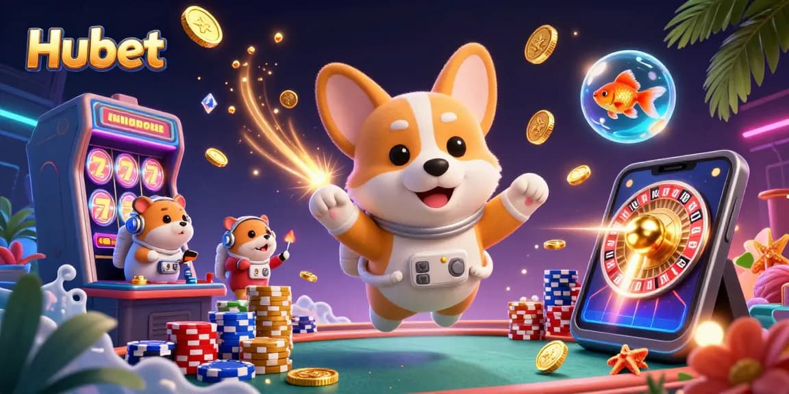 Engage with Hubet's thrilling online casino experience, featuring a dynamic 3D cartoon space scene.