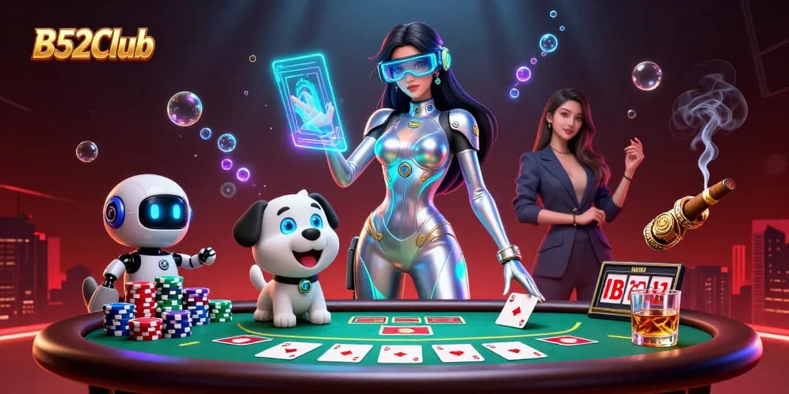 B52Club showcases an engaging casino scene with a futuristic woman and robot dog, filled with poker elements.