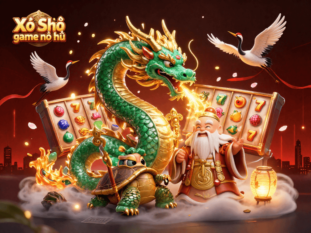 Xổ Số game nổ hũ depicts a vibrant scene with a jade dragon, turtle sage, and lucky cranes amidst a dynamic carnival of jackpot reels.