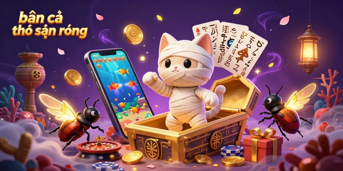 bắn cá thợ săn rồng gameplay featuring a vibrant underwater scene with a mummy cat and golden coins.