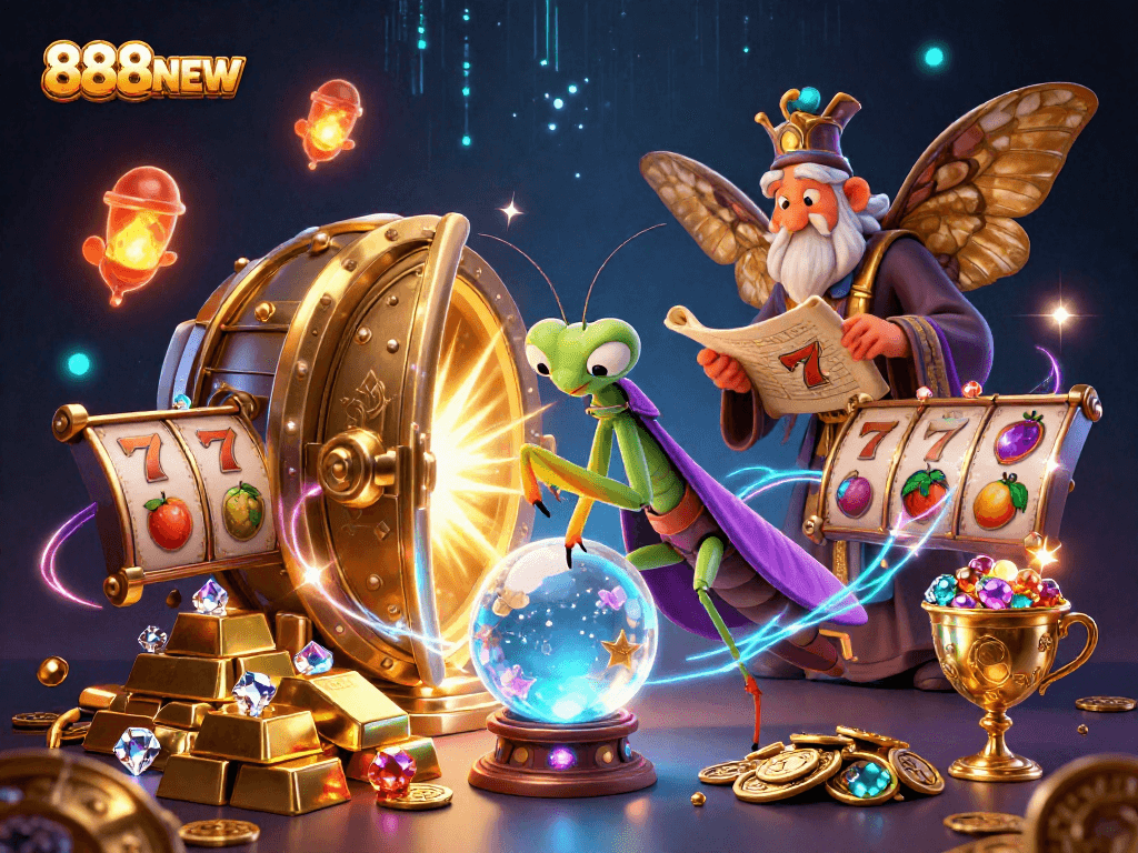 Experience 888NEW’s enchanting slot world with a fortune teller and vibrant treasures.