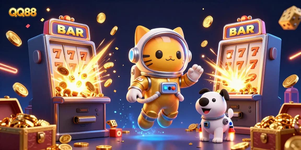 Experience the thrilling world of gambling with QQ88's dynamic 3D illustration showcasing a playful astronaut cat and vibrant casino elements.