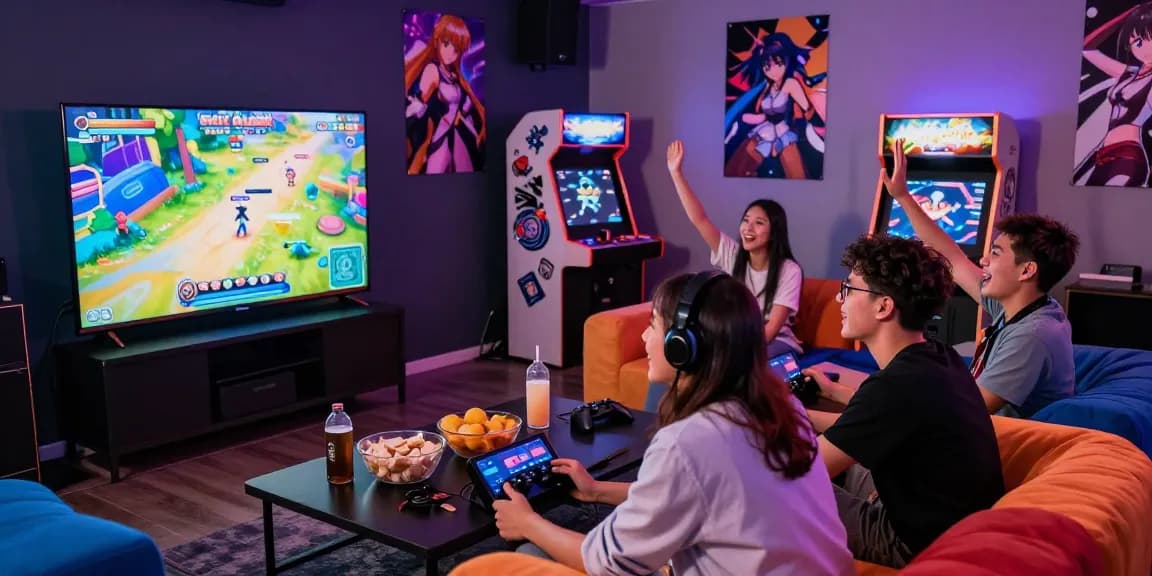 Exciting gaming lounge with friends enjoying real ecchi games, vibrant atmosphere and colorful graphics.