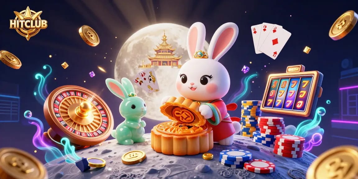 Engage with HITCLUB's vibrant moon-themed gaming illustration featuring playful characters and casino elements.