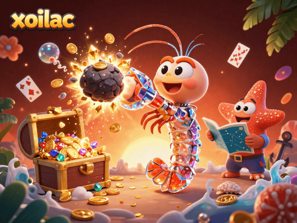 Xoilac celebrates win with galactic samurai mantis shrimp and treasure amid colorful gems and coins.