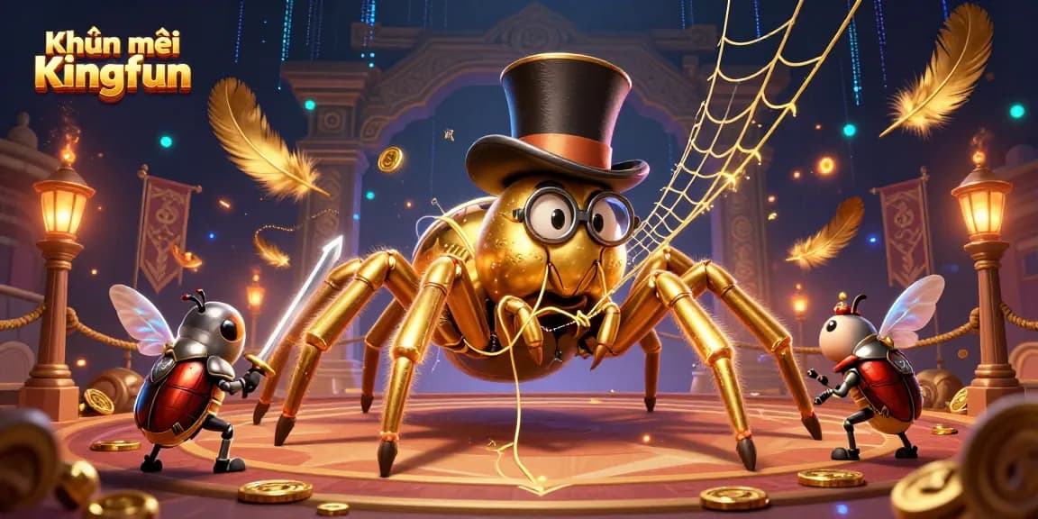 Join the excitement with Khuyến mãi Kingfun as a golden tarantula and beetle knight collide in a vibrant casino world.