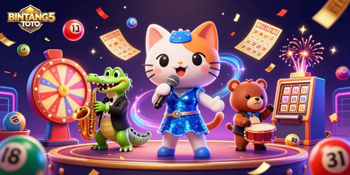 Experience the fun with BINTANG5TOTO at the lively casino stage full of vibrant games and characters.