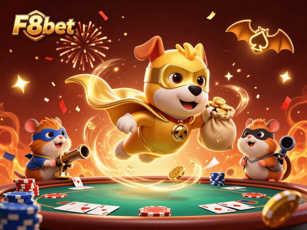 Experience the thrilling excitement of F8bet as a superhero dog and sidekick celebrate with poker chips and gold coins.